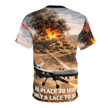 Load image into Gallery viewer, All-Over Print Tee — "Drone Strike Against Terrorist Training Facility" Graphic