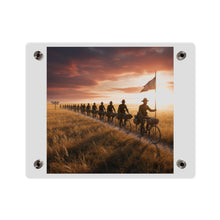 Load image into Gallery viewer, Acrylic Wall Art Panel - E Company 25th Infantry Buffalo Soldiers Bicycle Corps with Guidon on the Prairie at Sunset
