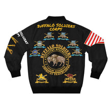 Load image into Gallery viewer, Men's AOP Bomber Jacket - Army - Cavalry and Infantry Regiments of the "Buffalo Soldiers" - American History