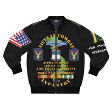 Load image into Gallery viewer, Men's AOP Bomber Jacket - Army - 196th Light Infantry Brigade - Vietnam War Vet- PFC - M60 Machine Gunner, CIB, Vietnam Service Ribbons