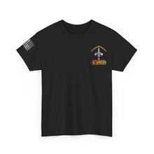 Load image into Gallery viewer, Unisex Heavy Cotton Tee - Army - Badge - LRRP - Tip of the Spear - Vietnam Vet w SVC - 3D - Enhanced with American Flag Sleeve