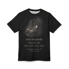 Load image into Gallery viewer, Veterans Tribute All-Over Print Tee — "Old Soldiers Never Die"