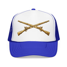 Load image into Gallery viewer, Foam Trucker Hat - Army - Infantry Branch Insignia - no text - Gold - 3D - Enhanced