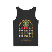 Load image into Gallery viewer, Unisex Combat Veteran Tank Top, Always Earned Never Given Apparel, Military Tribute Shirt, Patriotic Gift for Veterans, Summer Casual Wear - Combat Veteran - 11B40X - Retired Army with Multi Units