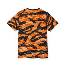 Load image into Gallery viewer, Unisex Cut & Sew Tee (AOP) - Orange Tiger-stripe hydrographic pattern