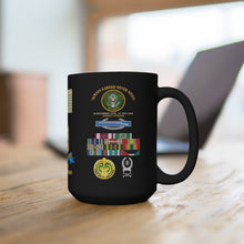 Load image into Gallery viewer, Black Mug 15oz - Retired - SFC - 11B40X with Multiple Medal Awards, Service Ribbons, Drill Sgt Badge
