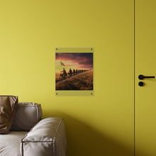 Load image into Gallery viewer, Acrylic Wall Art Panel - E Company 25th Infantry Buffalo Soldiers Bicycle Corps with Guidon on the Prairie at Sunset
