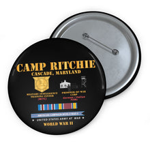 Load image into Gallery viewer, Custom Pin Buttons - Camp Ritchie - Cascade, Maryland - MITC, POW Camp w SVC AMCAM - WWII X 300