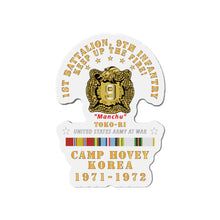 Load image into Gallery viewer, Die-Cut Magnets - Army - 1st Battalion, 9th Infantry - Manchus - Keep Up the Fire - Camp Hovey Korea - Toko-ri w AFEM - COLD SVC X 300