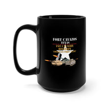 Load image into Gallery viewer, Black Mug 15oz - Army - Fort Cavazos Texas with White Star 1st Cav w M1Abrams, Bradley, M109 Firing X 300