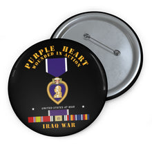 Load image into Gallery viewer, Custom Pin Buttons - Purple Heart - WIA w IRAQ SVC w Purple Heart Ribbon