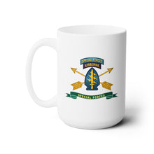 Load image into Gallery viewer, White Ceramic Mug 15oz - Army - Special Forces - SSI w Tab - Br - Ribbon X 300