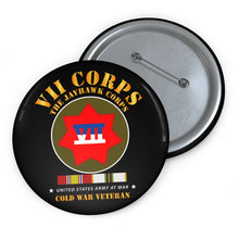 Load image into Gallery viewer, Custom Pin Buttons - VII Corps - The Jayhawk Corps - SSI w COLD WAR SVC X 300