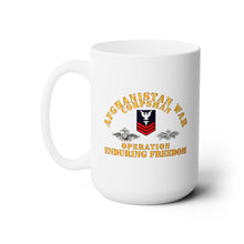 Load image into Gallery viewer, White Ceramic Mug 15oz - Navy - Afghanistan War Corpsman - Operation Enduring Freedom - Veteran w FMF - Combat Seebee Badge