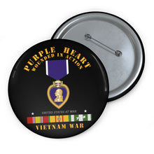 Load image into Gallery viewer, Custom Pin Buttons - Purple Heart - Wounded In Action w Vietnam Service Ribbons