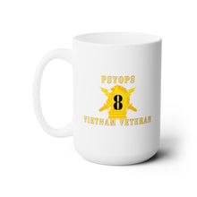Load image into Gallery viewer, White Ceramic Mug 15oz - Army - PSYOPS w Branch Insignia - 8th Battalion Numeral - w Vietnam Vet Below X 300