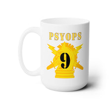 Load image into Gallery viewer, White Ceramic Mug 15oz - Army - PSYOPS w Branch Insignia - 9th Battalion Numeral - Line X 300