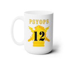 Load image into Gallery viewer, White Ceramic Mug 15oz - Army - PSYOPS w Branch Insignia - 12th Battalion Numeral - Line X 300