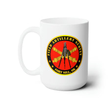 Load image into Gallery viewer, White Ceramic Mug 15oz - Army - Field Artillery Survey w Branch - Aiming Circle Ft Sill OK