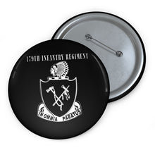 Load image into Gallery viewer, Custom Pin Buttons - DUI - 179th Infantry Regiment with Text - BW X 300