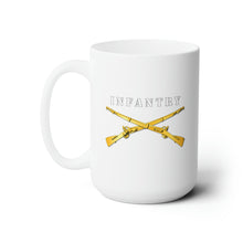 Load image into Gallery viewer, White Ceramic Mug 15oz - Army - Infantry Br - Crossed Rifles w White Txt Black Outline
