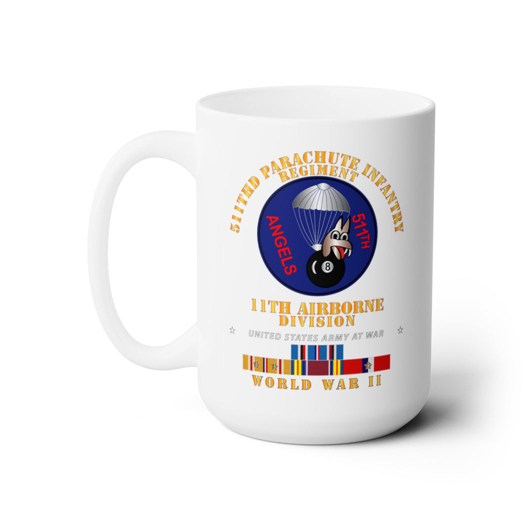 White Ceramic Mug 15oz - Army  - 511th PIR 11th Airborne Div - WWII w PAC - PHIL SVC