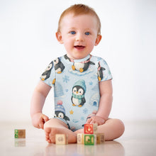 Load image into Gallery viewer, 180gsm Faux Cotton Short Sleeve Baby Bodysuit Romper(All-Over Printing) - Penguin Winter Wonderland