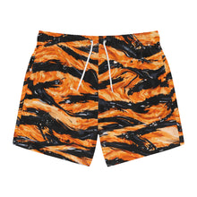 Load image into Gallery viewer, Orange Black Abstract Wave Swim Trunks | All-Over Print