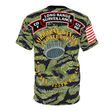 Load image into Gallery viewer, Unisex AOP Tee - F Company, 425th Long Range Surveillance (RANGER) - Military Tiger Stripe Jungle Camouflage w Jumpmaster Wing