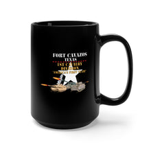 Load image into Gallery viewer, Black Mug 15oz - Army - Fort Cavazos Texas with White Star 1st Cav w M1Abrams, Bradley, M109 Firing X 300