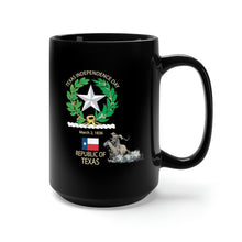 Load image into Gallery viewer, Black Mug 15oz - Texas Independence Day - State Emblem and Cowboy X 300