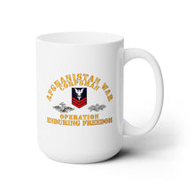Load image into Gallery viewer, White Ceramic Mug 15oz - Navy - Afghanistan War Corpsman - Operation Enduring Freedom - Veteran w FMF - Combat Seebee Badge