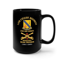 Load image into Gallery viewer, Black Mug 15oz - Army - 14th Cavalry Regiment w Cav Br - 2nd Squadron - Operation Iraqi Freedom - 2007–2009 - Red Txt X 300