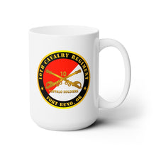 Load image into Gallery viewer, White Ceramic Mug 15oz - Army - 10th Cavalry Regiment - Fort Reno, OK - Buffalo Soldiers w Cav Branch