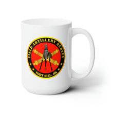 Load image into Gallery viewer, White Ceramic Mug 15oz - Army - Field Artillery Survey w Branch - Aiming Circle Ft Sill OK