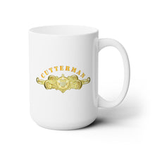 Load image into Gallery viewer, White Ceramic Mug 15oz - USCG - Cutterman Badge - Officer - Gold w Top Txt