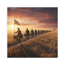 Load image into Gallery viewer, Indoor and Outdoor Silk Posters - E Company 25th Infantry Buffalo Soldiers Bicycle Corps with Guidon on the Prairie at Sunset