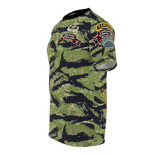 Load image into Gallery viewer, Unisex AOP Tee - F Company, 425th Long Range Surveillance (RANGER) - Military Tiger Stripe Jungle Camouflage w Jumpmaster Wing
