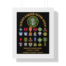 Load image into Gallery viewer, Honorable Veteran Framed Poster, Military Wall Art, Retirement Gift, Veteran's Day Decor, Personalized Military Tribute - Combat Veteran - 11B40X - Retired Army with Multi Units