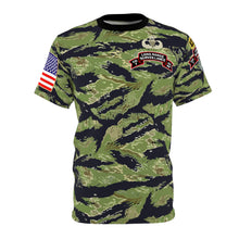 Load image into Gallery viewer, Unisex AOP Tee - F Company, 425th Long Range Surveillance (RANGER) - Military Tiger Stripe Jungle Camouflage w Jumpmaster Wing