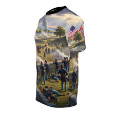 Load image into Gallery viewer, AOP Unisex Tee - Battle of Gettysburg with Crossed Flags and Musket
