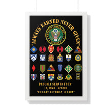 Load image into Gallery viewer, Honorable Veteran Framed Poster, Military Wall Art, Retirement Gift, Veteran's Day Decor, Personalized Military Tribute - Combat Veteran - 11B40X - Retired Army with Multi Units