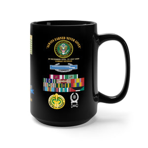Black Mug 15oz - Retired - SFC - 11B40X with Multiple Medal Awards, Service Ribbons, Drill Sgt Badge