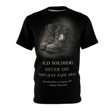 Load image into Gallery viewer, Veterans Tribute All-Over Print Tee — "Old Soldiers Never Die"