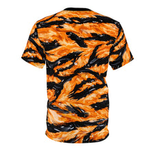 Load image into Gallery viewer, Unisex Cut & Sew Tee (AOP) - Orange Tiger-stripe hydrographic pattern