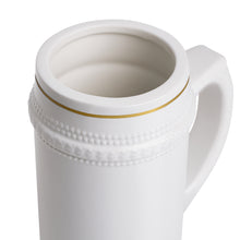 Load image into Gallery viewer, Classic Ceramic Beer Stein Mug, White Porcelain Stein with Gold Trim | German-Style Tankard