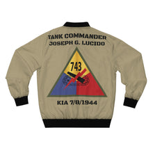 Load image into Gallery viewer, Men's Bomber Jacket (AOP) - Army - 743rd Tank Battalion SSI - Tank Commander - Joseph G. Lucido