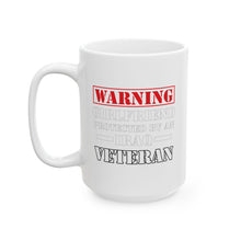 Load image into Gallery viewer, White Ceramic Mug (15oz) - Warning - Girlfriend Protected by an Iraq Veteran