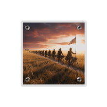 Load image into Gallery viewer, Acrylic Wall Art Panel - E Company 25th Infantry Buffalo Soldiers Bicycle Corps with Guidon on the Prairie at Sunset