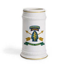Load image into Gallery viewer, Classic Ceramic Beer Stein Mug, White Porcelain Stein with Gold Trim | German-Style Tankard - Army - Special Forces - SSI w Tab - Br - Ribbon